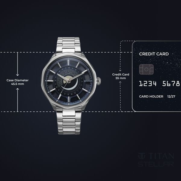 Titan Stellar Analog with Sun Moon Phase and Blue Dial Silver Stainless Steel Strap Watch for Men