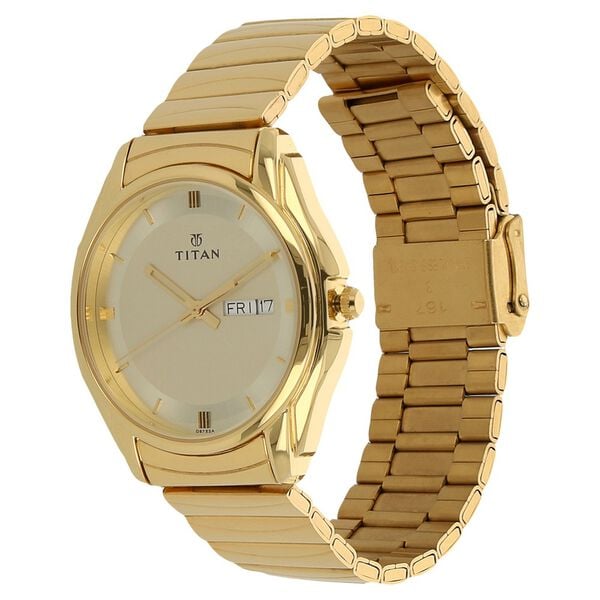 Titan Quartz Analog with Day and Date Champagne Dial Golden Stainless Steel Strap Watch For Men