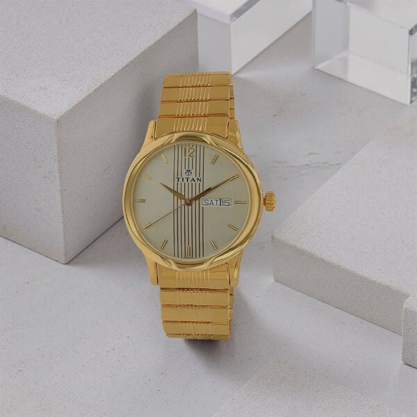 Titan Analog with Day and Date Champagne Dial Metal Strap watch for Men