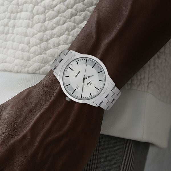 Titan Quartz Analog with Date White Dial Stainless Steel Strap Watch for Men