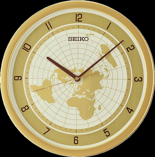 Seiko Elegant Round Plastic Golden Color Case World Map Design on Analog Dial Wall Clock