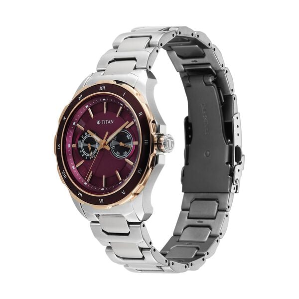 Titan Regalia Opulent Two-Eye Multifunction Burgundy Panda Dial Stainless Steel Strap Watch For Men