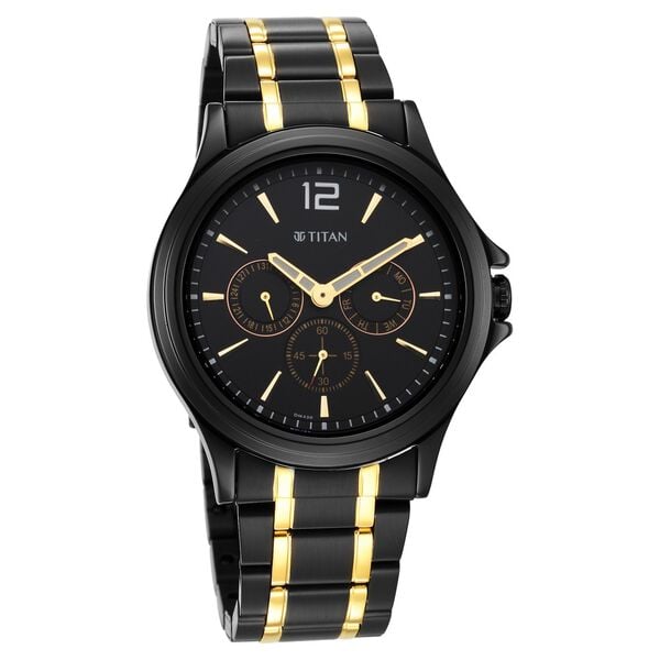 Titan Black and Gold Black Dial Quartz Multifunction Stainless Steel Strap watch for Men