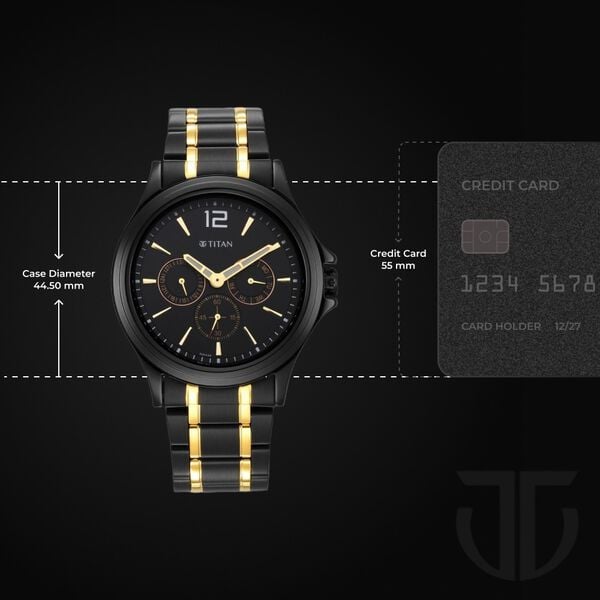 Titan Black and Gold Black Dial Quartz Multifunction Stainless Steel Strap watch for Men