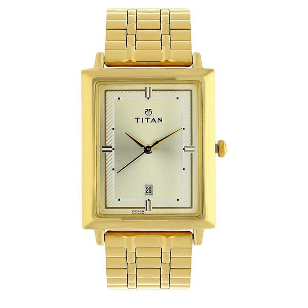 Titan Quartz Analog with Date Champagne Dial Golden Stainless Steel Strap Rectangular Shaped Watch For Men