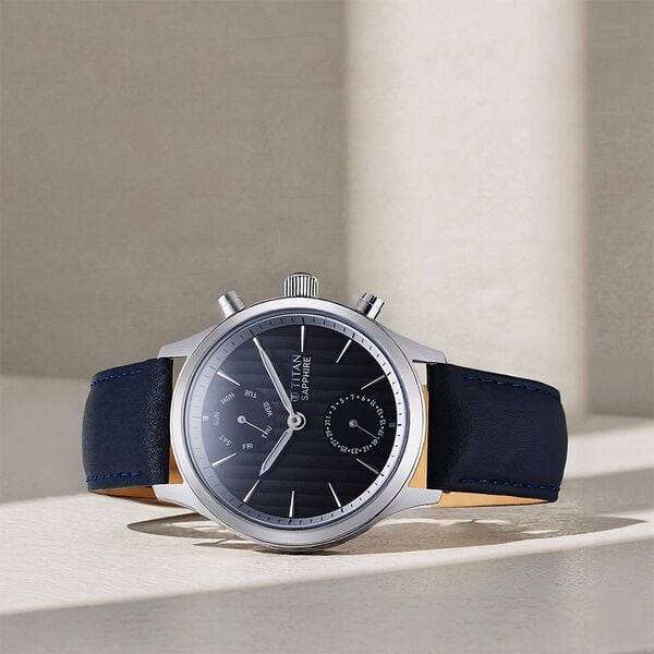 Titan Sapphire Multifunction Quartz Analog with Day and Date Blue Dial Leather Strap Watch for Men