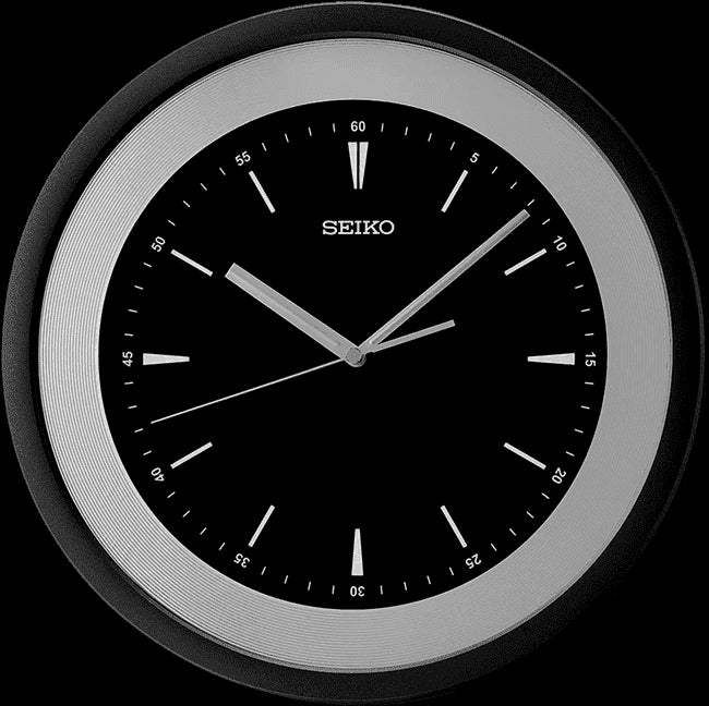 Seiko Elegant Black Round Plastic Case Analog Wall Clock for Home Office Decor Living Room Gifts Quiet Sweep Second Hand