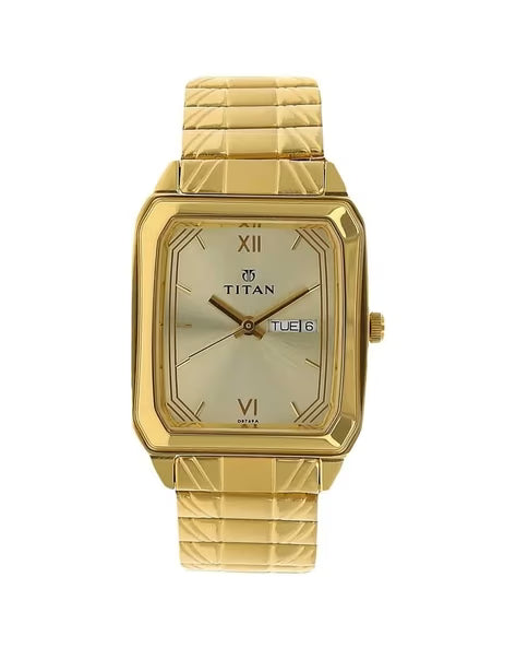 Titan Quartz Analog with Day and Date Champagne Dial Stainless Steel Strap Watch for Men