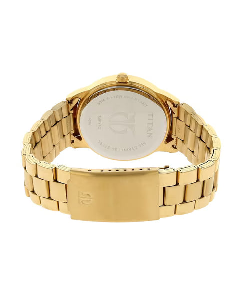 Titan Quartz Analog with Day and Date Silver Round Dial Golden Stainless Steel Strap Watch For Men