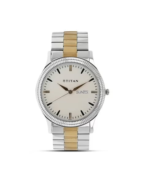 Titan Metal White Dial Analog with Day and Date Stainless Steel Strap Watch for Men