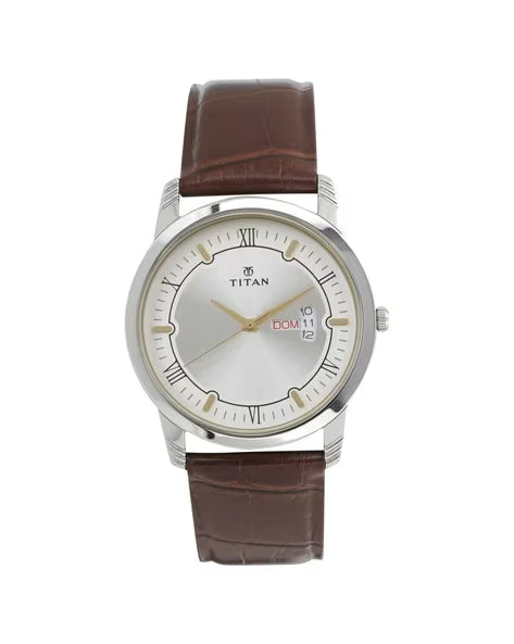 Titan Quartz Analog with Day and Date Silver Dial Leather Strap Watch for Men