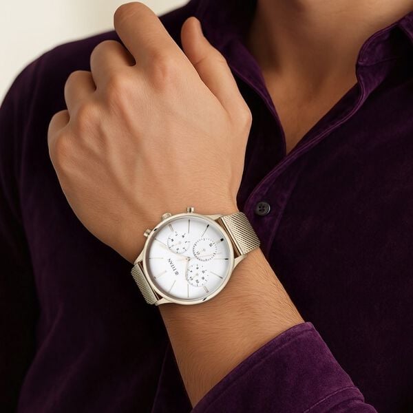 Titan Light Leathers Silver Dial Quartz Multifunction Stainless Steel Strap Watch for Men