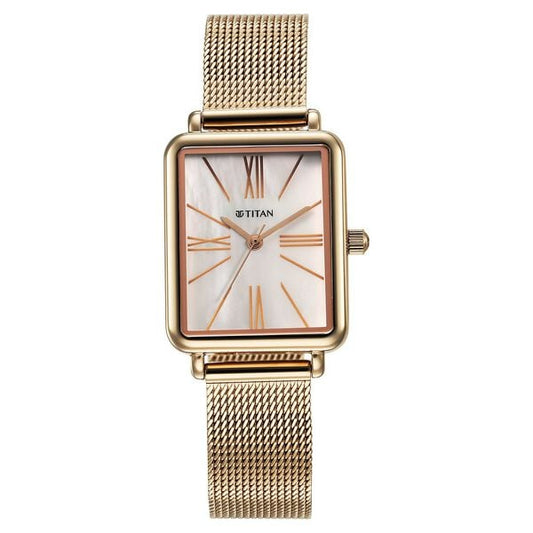 Titan Slimline Quartz Analog Mother Of Pearl Dial Rose Gold Stainless Steel Strap Watch for Women