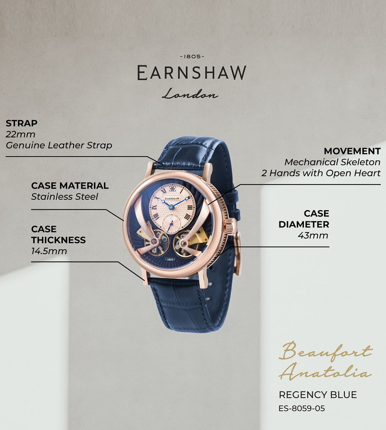 ES-8059-05 Beaufort Anatolia Mech Automatic Open Heart Skeleton Watch for Men