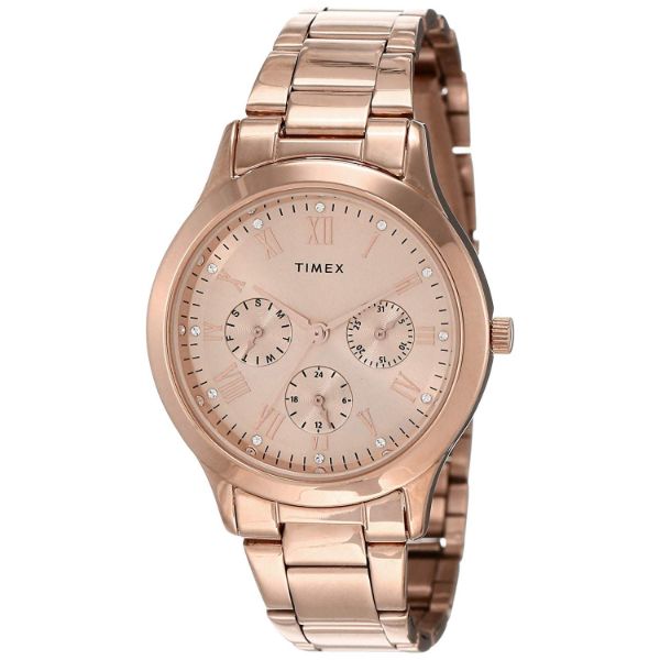 Timex Fashion Women's Rose Gold Dial Round Case Multifunction Function Watch -TW000Q810