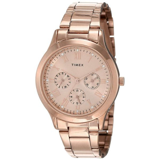 Timex Fashion Women's Rose Gold Dial Round Case Multifunction Function Watch -TW000Q810