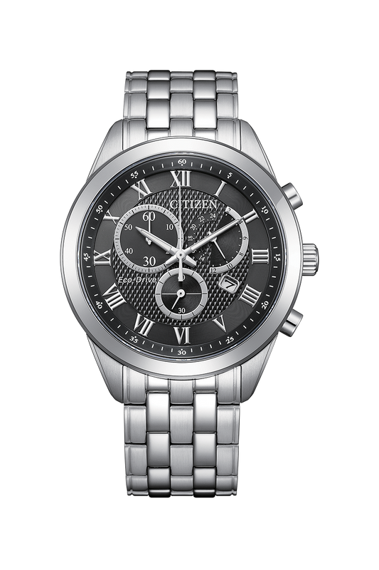 Eco-drive Men Quartz Black Dial Chronograph Stainless Steel Watch AT2600-57E