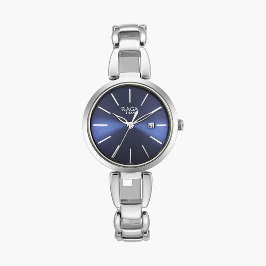 Titan Raga Viva Blue Dial Analog with Date Silver Metal Strap Watch for Women