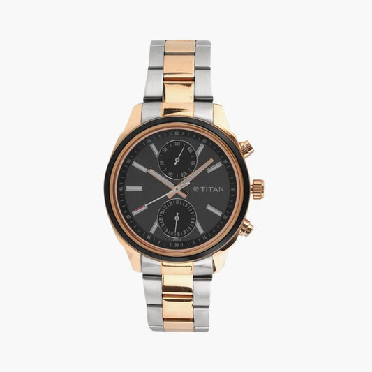 Titan Men's Metropolitan Luxe: Multifunction Black Dial with Two-Tone Stainless Steel Bracelet Watch
