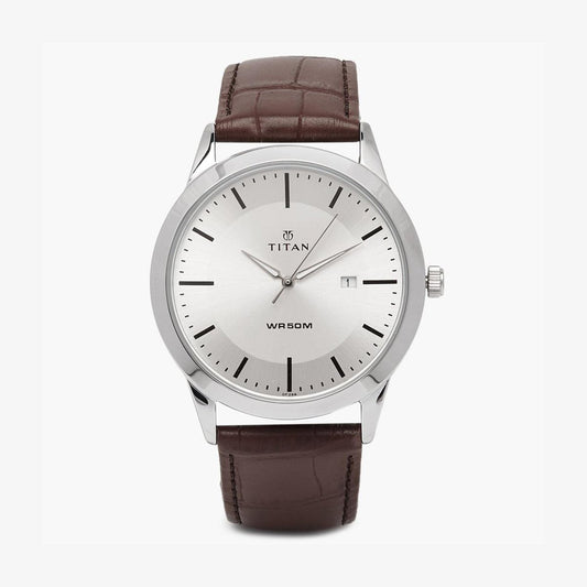 Titan Classic Silver Dial Analog with Date Leather Strap watch for Men