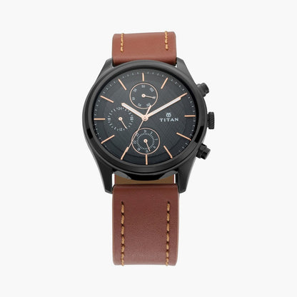 Titan Workwear Multifunction Black Dial Brown Leather Strap Watch For Men