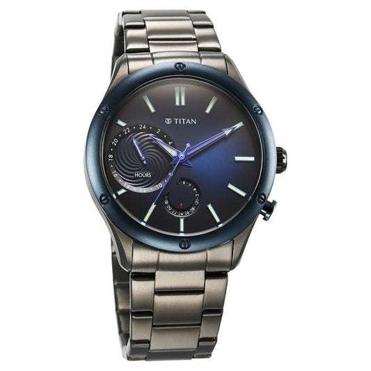 Titan Stellar Multifunction Blue Dial Grey Stainless Steel Strap Watch For Men