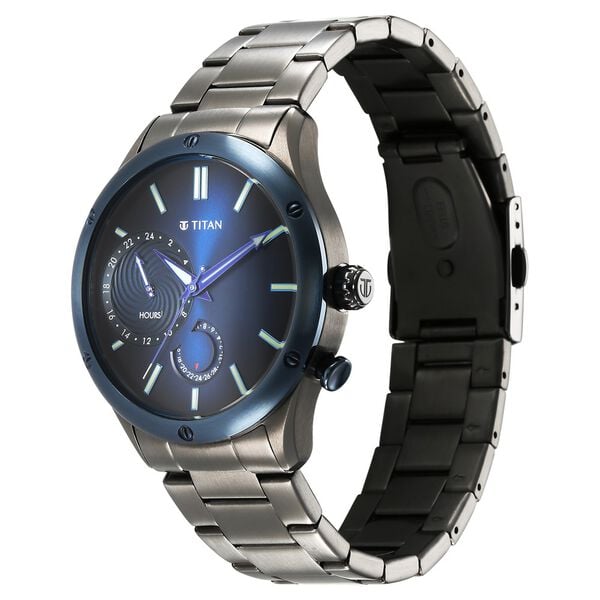 Titan Stellar Multifunction Blue Dial Grey Stainless Steel Strap Watch For Men