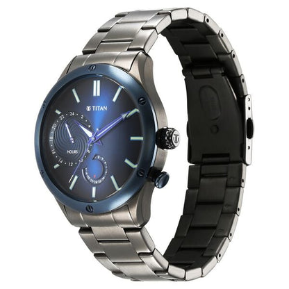 Titan Stellar Multifunction Blue Dial Grey Stainless Steel Strap Watch For Men