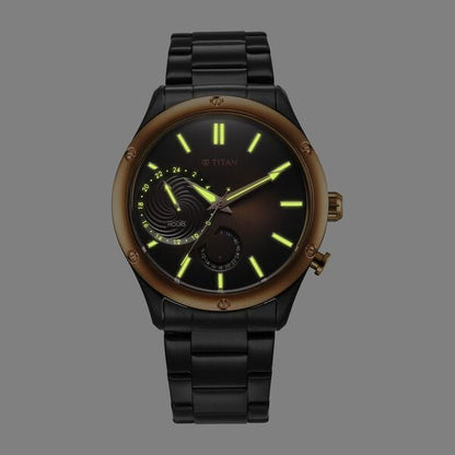 Titan Stellar Multifunction Brown Dial Black Stainless Steel Strap Watch For Men