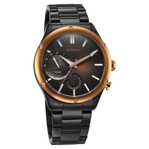 Titan Stellar Multifunction Brown Dial Black Stainless Steel Strap Watch For Men
