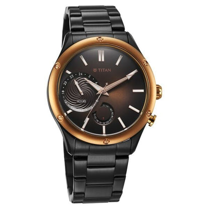 Titan Stellar Multifunction Brown Dial Black Stainless Steel Strap Watch For Men
