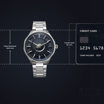 Titan Stellar Analog with Sun Moon Phase and Blue Dial Silver Stainless Steel Strap Watch for Men