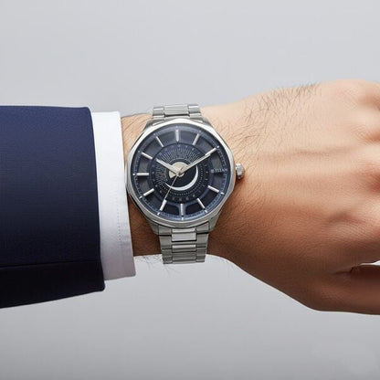 Titan Stellar Analog with Sun Moon Phase and Blue Dial Silver Stainless Steel Strap Watch for Men