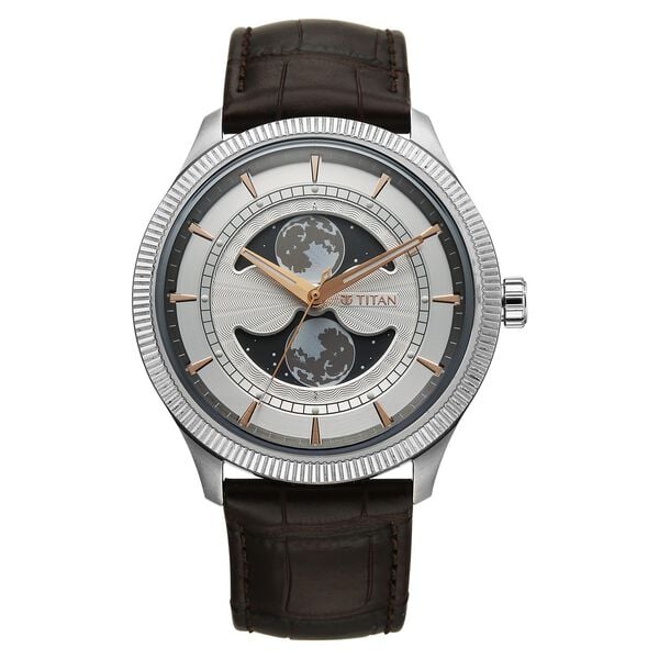 Titan Stellar Analog with Dual Moon Phase and Silver Dial Brown Leather Strap Watch for Men