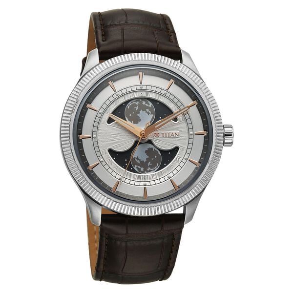 Titan Stellar Analog with Dual Moon Phase and Silver Dial Brown Leather Strap Watch for Men