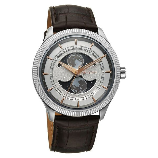 Titan Stellar Analog with Dual Moon Phase and Silver Dial Brown Leather Strap Watch for Men