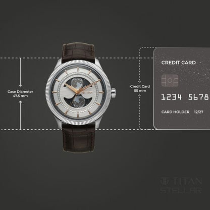 Titan Stellar Analog with Dual Moon Phase and Silver Dial Brown Leather Strap Watch for Men