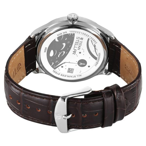 Titan Stellar Analog with Dual Moon Phase and Silver Dial Brown Leather Strap Watch for Men