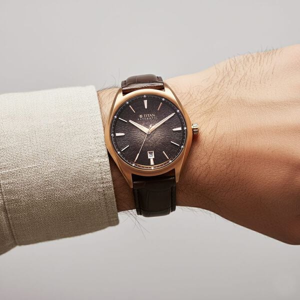 Titan Stellar Starlight Analog with Concealed Automatic and Brown Dial Brown Leather Strap Watch for Men