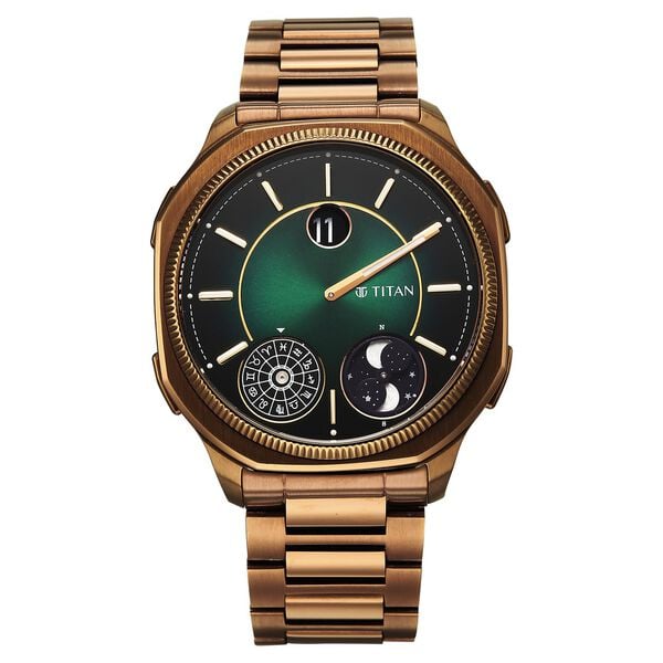 Titan Stellar Jumping Hour Micromotors Zodiac Analog with Dual Moonphase and Green Dial IP Bronze Stainless Steel Watch for Men