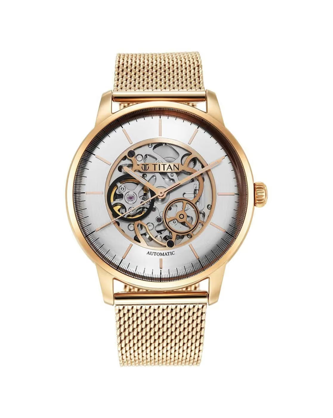 Titan Skeletal Automatic Gold Dial Gold Stainless Steel Strap Watch for Men