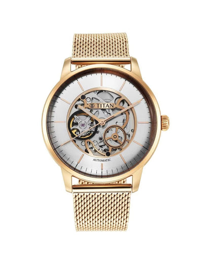 Titan Skeletal Automatic Gold Dial Gold Stainless Steel Strap Watch for Men