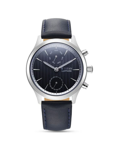 Titan Sapphire Multifunction Quartz Analog with Day and Date Blue Dial Leather Strap Watch for Men