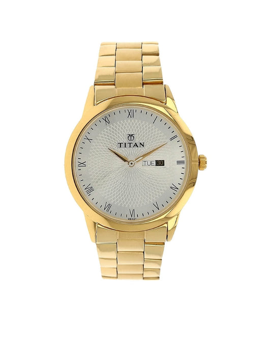 Titan Quartz Analog with Day and Date Silver Round Dial Golden Stainless Steel Strap Watch For Men