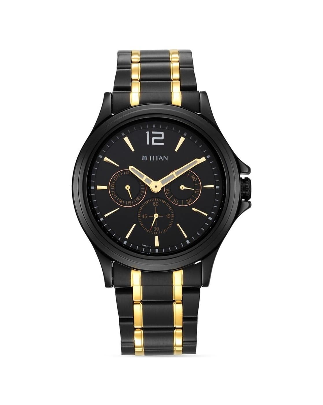 Titan Black and Gold Black Dial Quartz Multifunction Stainless Steel Strap watch for Men