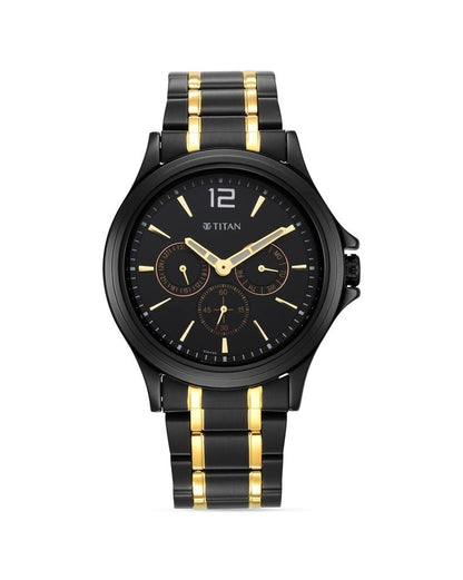 Titan Black and Gold Black Dial Quartz Multifunction Stainless Steel Strap watch for Men