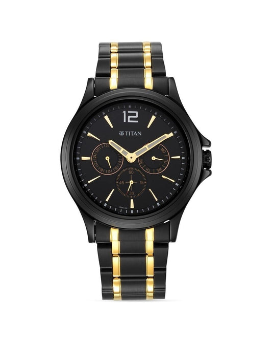 Titan Black and Gold Black Dial Quartz Multifunction Stainless Steel Strap watch for Men