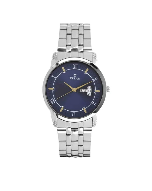 Titan Analog with Day and Date Blue Dial Stainless Steel Strap watch for Men