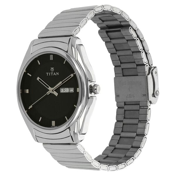 Titan Quartz Analog with Day and Date Black Dial Stainless Steel Strap Watch for Men - 38 mm Case Size - Medium Dial