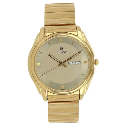 Titan Quartz Analog with Day and Date Champagne Dial Golden Stainless Steel Strap Watch For Men
